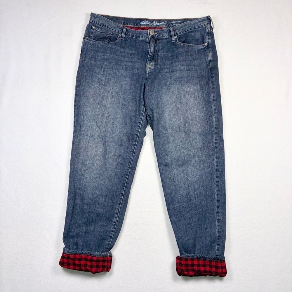 Eddie Bauer women’s flannel lined Boyfriend Relaxed blue jeans straight Size 14